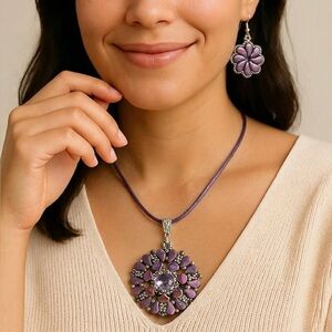 Handmade Purple Floral Pendant Necklace and Earrings Set